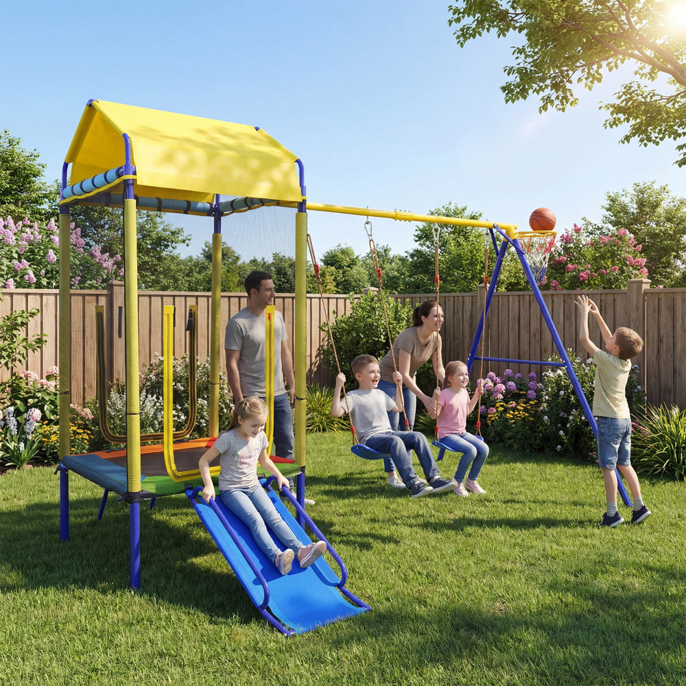 5-in-1 kids swing set featuring a slide, trampoline, and swings in a backyard setting for energetic outdoor fun.