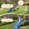 Kids enjoying the 5-in-1 swing set with two swings and a slide, featuring a sturdy metal frame for outdoor fun.