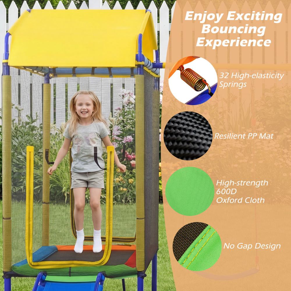 5-in-1 kids swing set featuring a trampoline, slide, and ladder with a sturdy A-frame design for safe outdoor fun.