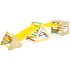 Kids triangle climber play gym set featuring a yellow slide and sturdy wooden construction for safe climbing and.