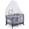 Portable 5 in 1 baby pack and play in black features a mesh canopy, music box, and adjustable height for versatile use.