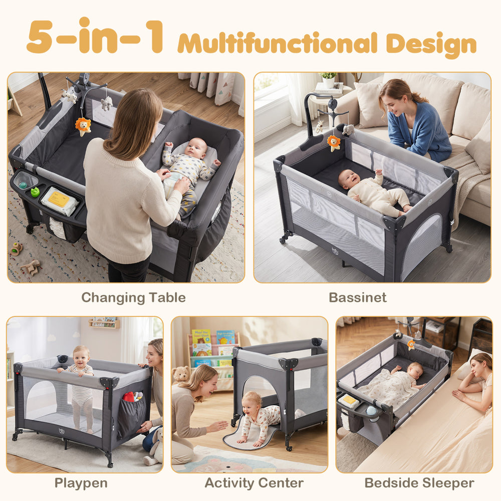 5-in-1 portable baby pack and play in black, featuring a changing table, bassinet, playpen, and activity center.