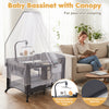 Portable baby bassinet with canopy, music box, and hanging toys, designed for peaceful sleeping and playtime activities.