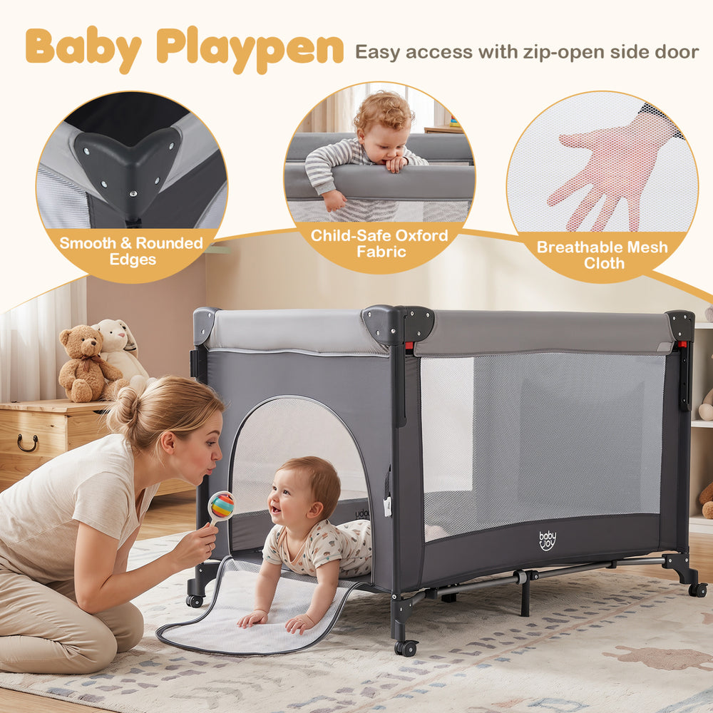 5 in 1 Portable Baby Pack and Play in black features a zip-open side door, breathable mesh, and adjustable height for versatility.