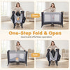 Portable baby pack and play in black, featuring tool-free fold, adjustable height, and included music box for convenience.