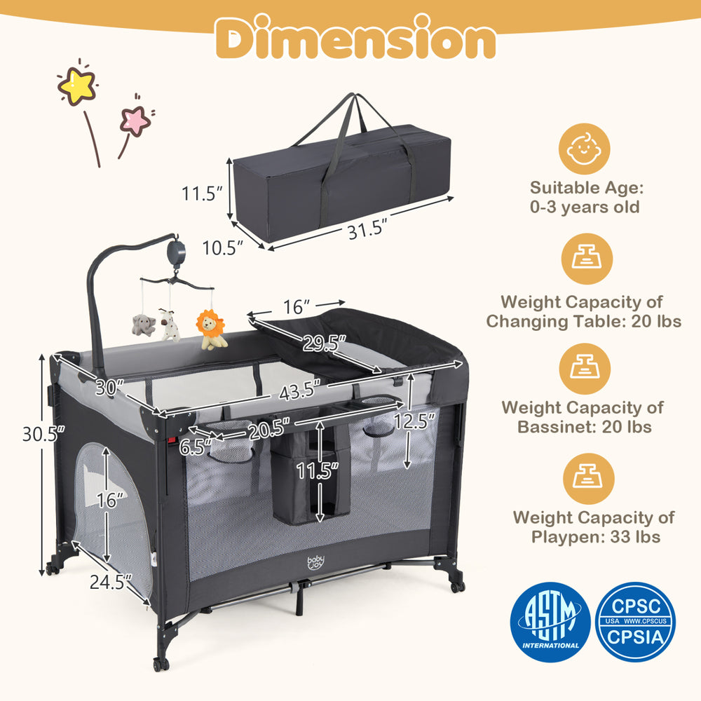 5 in 1 Portable Baby Pack and Play in black features a changing table, bassinet, and playpen for versatile use.