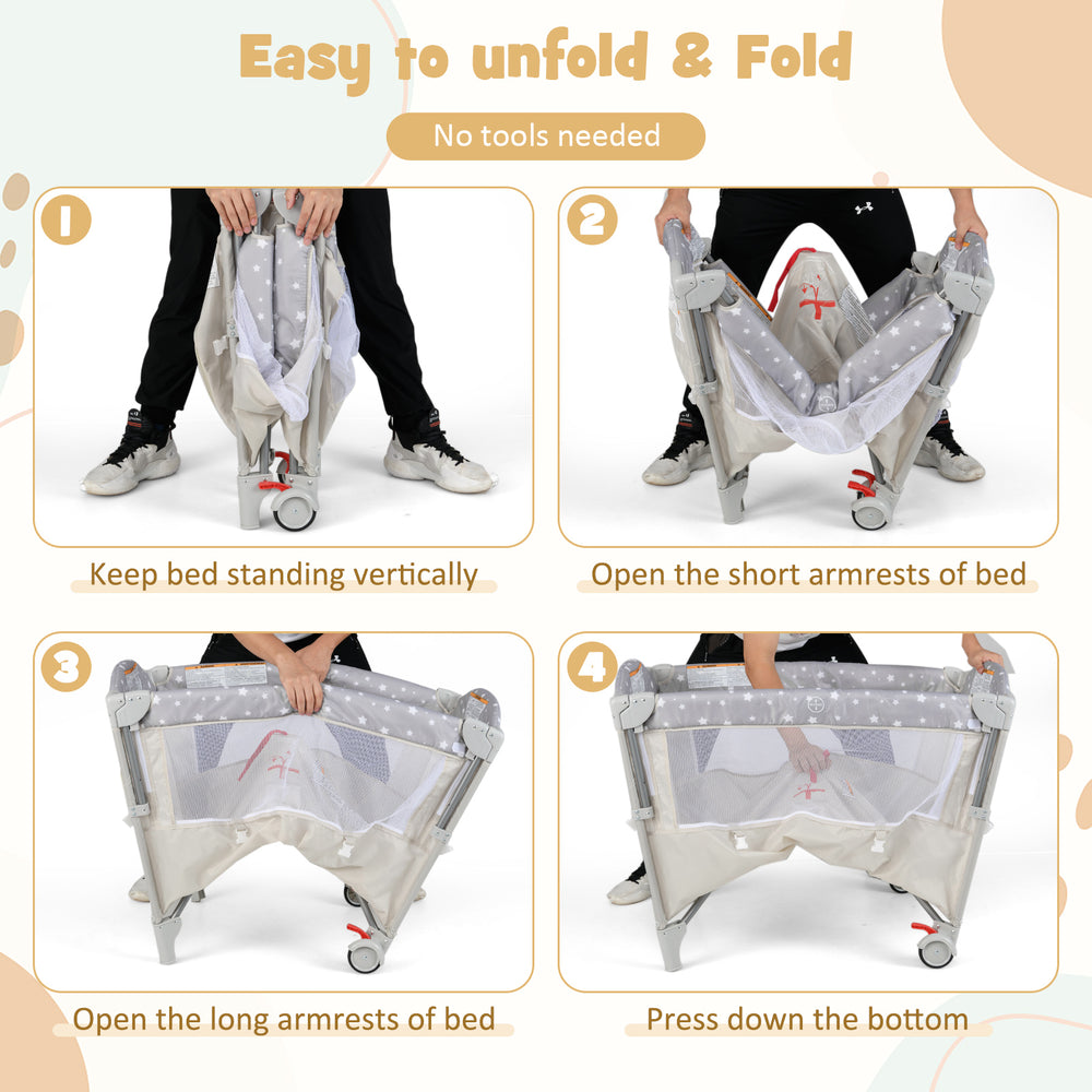 Portable baby beside sleeper bassinet in beige, demonstrating easy folding steps for convenient travel and storage.