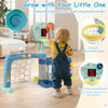 Adjustable basketball hoop from a 5 in 1 toddler sports toy, featuring smooth edges and a real-time scoreboard for fun.