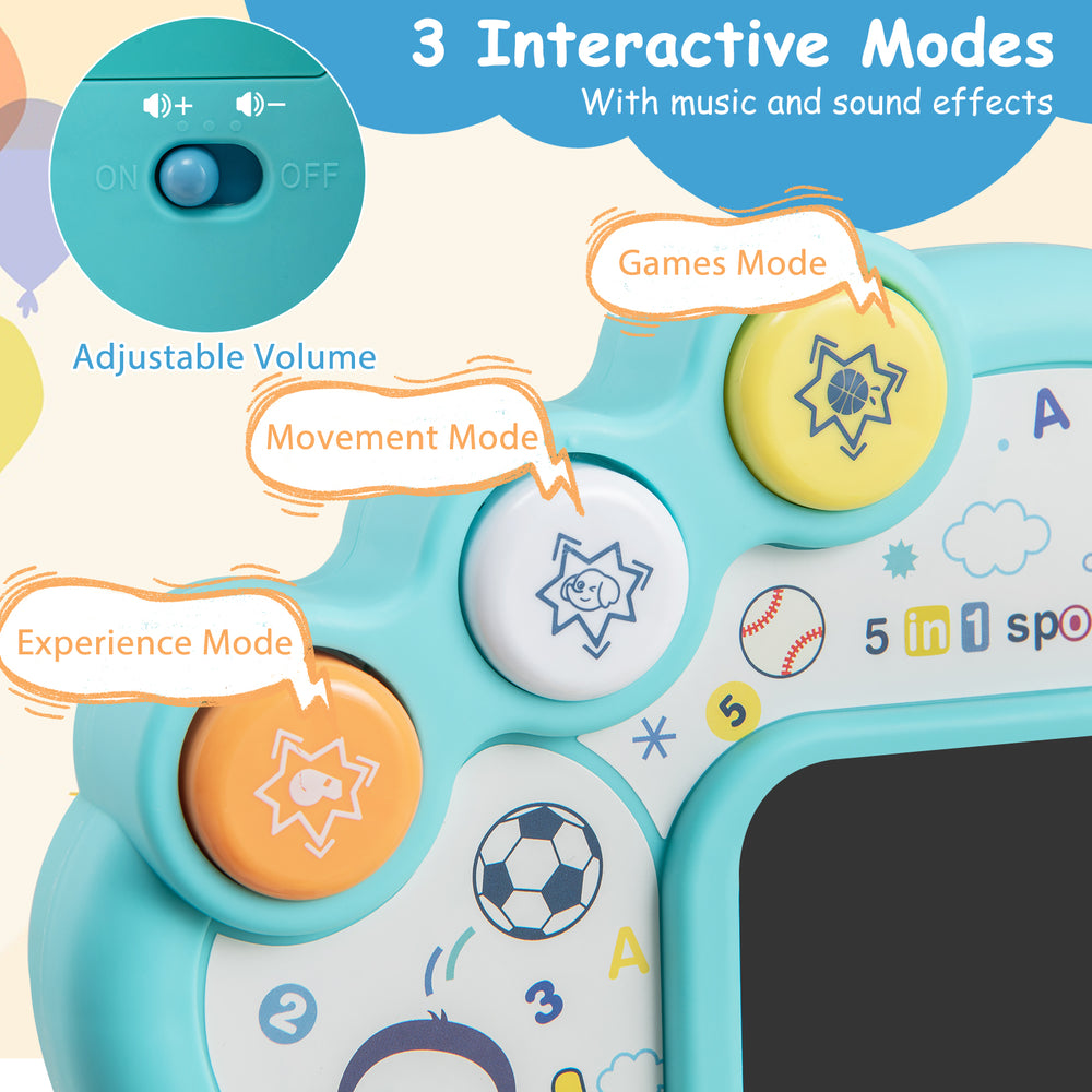 Interactive buttons on the 5 in 1 toddler sports toy with adjustable volume for engaging play and learning experiences.