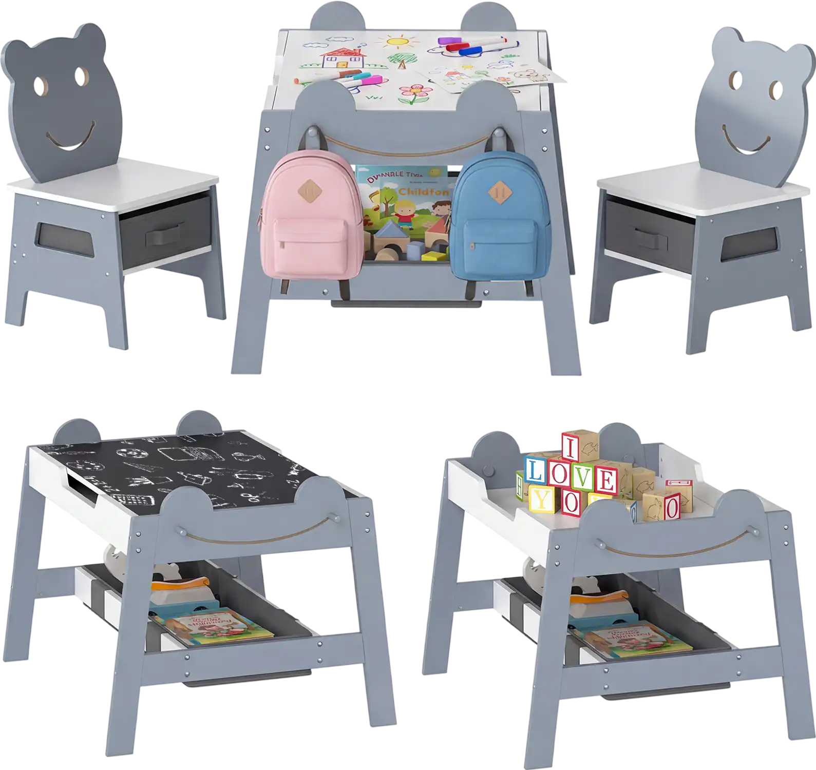 Costway 5-in-1 Toddler Table & 2 Chairs Art Desk Set Reversible Chalkboard Whiteboard 44904286 New