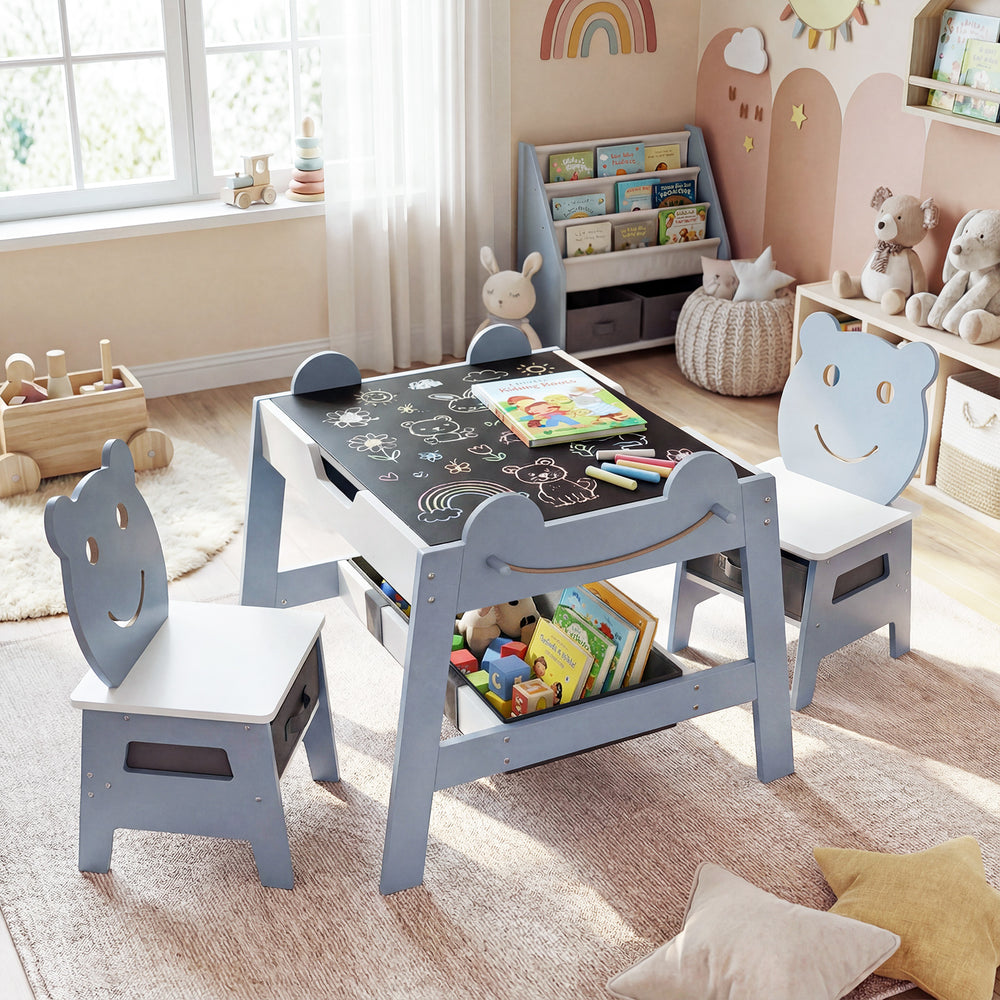 5-in-1 Toddler Table and 2 Chairs Cute Art Desk Set with Reversible Chalkboard Whiteboard-Grey - Gallery View 1 of 10