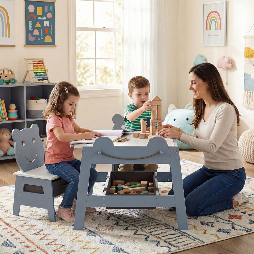 Toddler table and chairs set in grey featuring a reversible chalkboard, spacious storage, and bear-shaped design for.