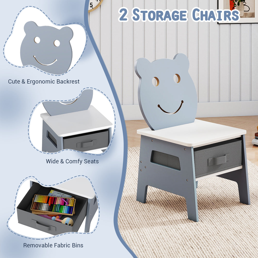 Toddler chair with bear-shaped backrest, grey color, features storage drawer for organizing art supplies.