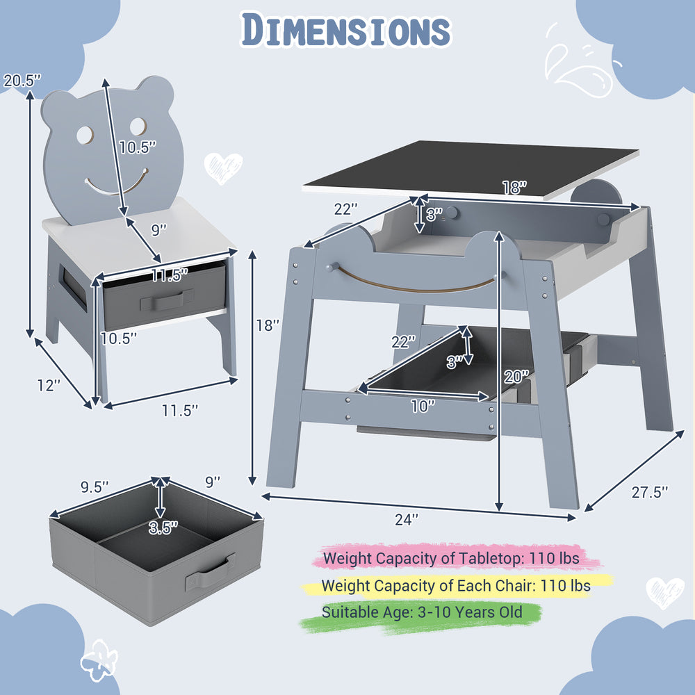 5-in-1 toddler table set with bear-shaped chairs, reversible chalkboard and whiteboard, ideal for ages 3-10.