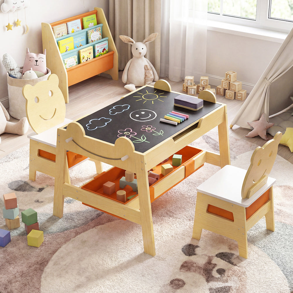 5-in-1 Toddler Table and 2 Chairs Cute Art Desk Set with Reversible Chalkboard Whiteboard-Natural - Gallery View 1 of 10