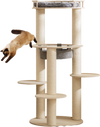 5-level wooden cat tree featuring a padded perch and non-woven hammock, designed for cat comfort and durability.