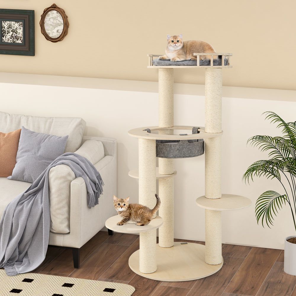 5-level wooden cat tree featuring a padded perch and non-woven hammock, ideal for climbing and scratching.
