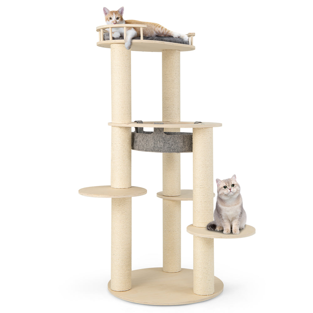 5-level wooden cat tree with padded perch and non-woven hammock, featuring durable sisal-wrapped posts for scratching.