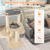 5-level wooden cat tree with padded perch and non-woven hammock for climbing, scratching, and sleeping.