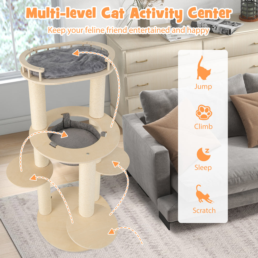 5-level wooden cat tree with padded perch and non-woven hammock for climbing, scratching, and sleeping.