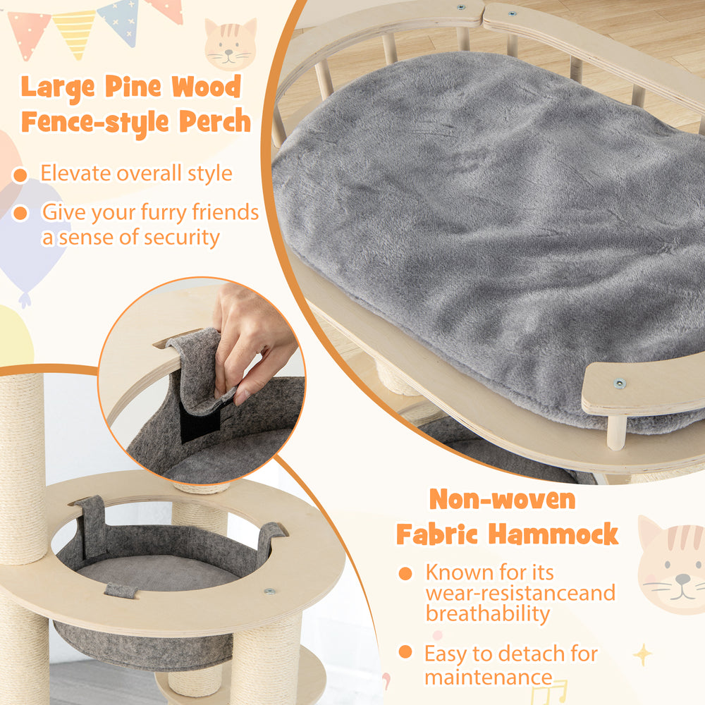 5-level wooden cat tree featuring a gray padded perch and non-woven hammock for comfort and security.