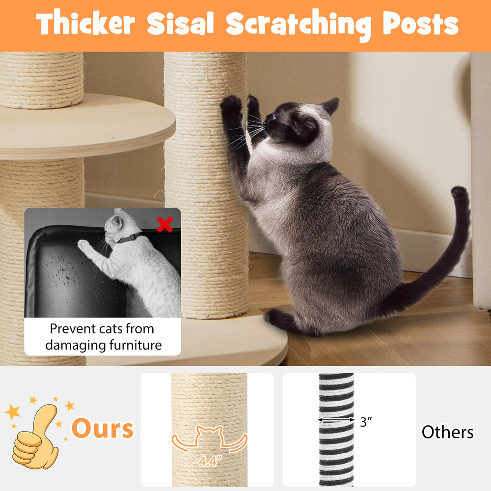Thicker sisal scratching post on a 5-level wooden cat tree with padded perch and non-woven hammock for cat comfort.