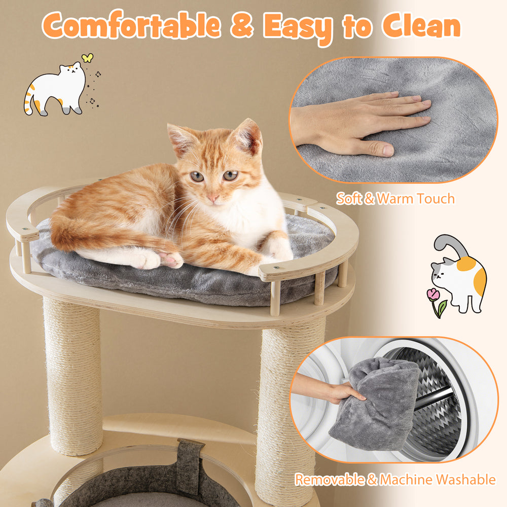 Gray padded perch on a 5-level wooden cat tree, featuring a removable cushion for easy cleaning and comfort.