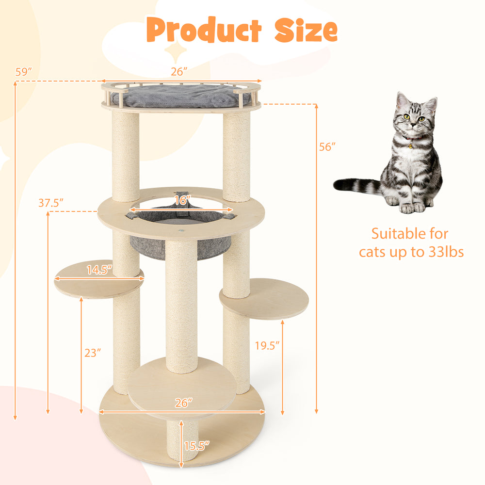5-level wooden cat tree with padded perch and non-woven hammock, measuring 59" tall, suitable for cats up to 33lbs.