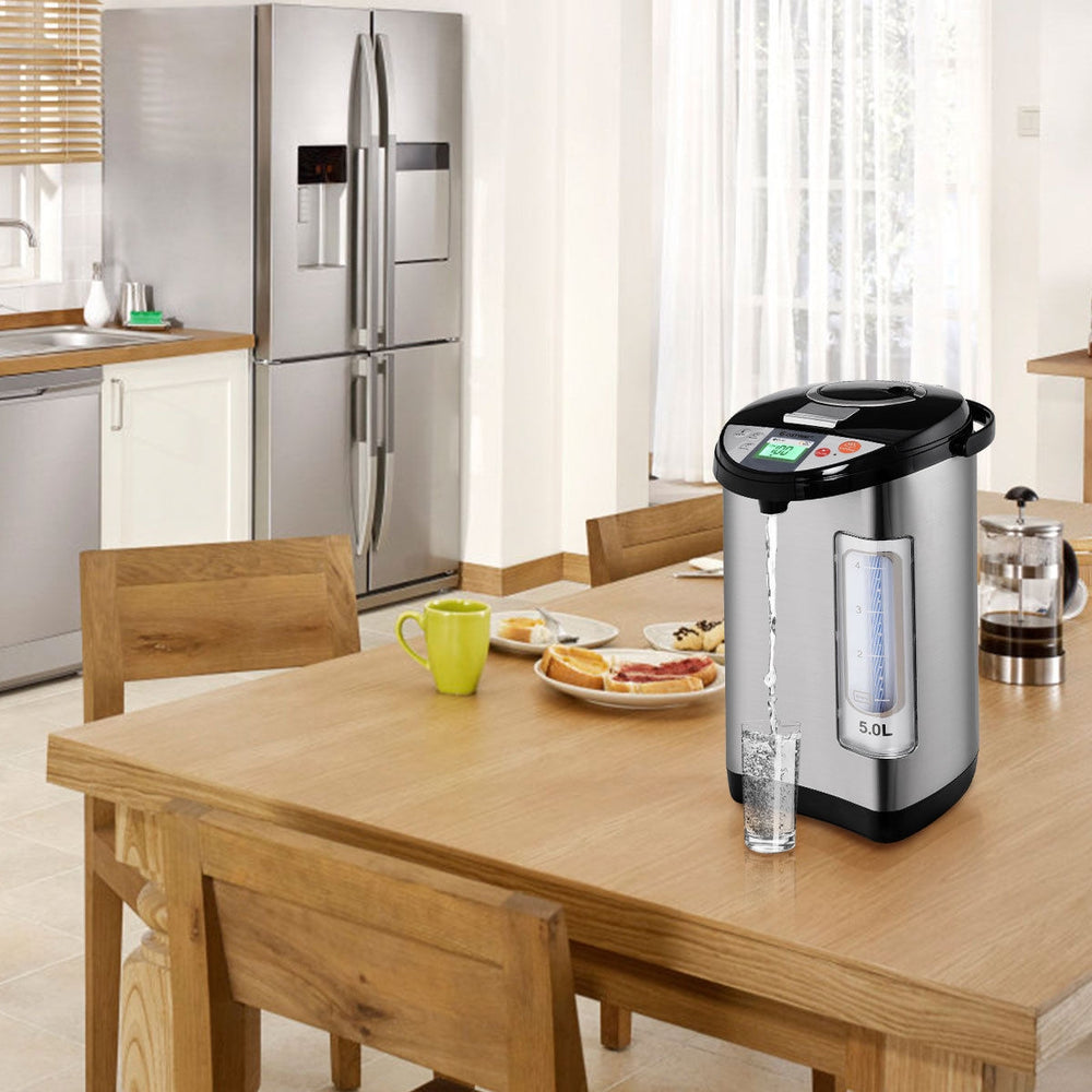 5-liter electric water boiler with LCD display and stainless steel design, perfect for convenient kitchen use.