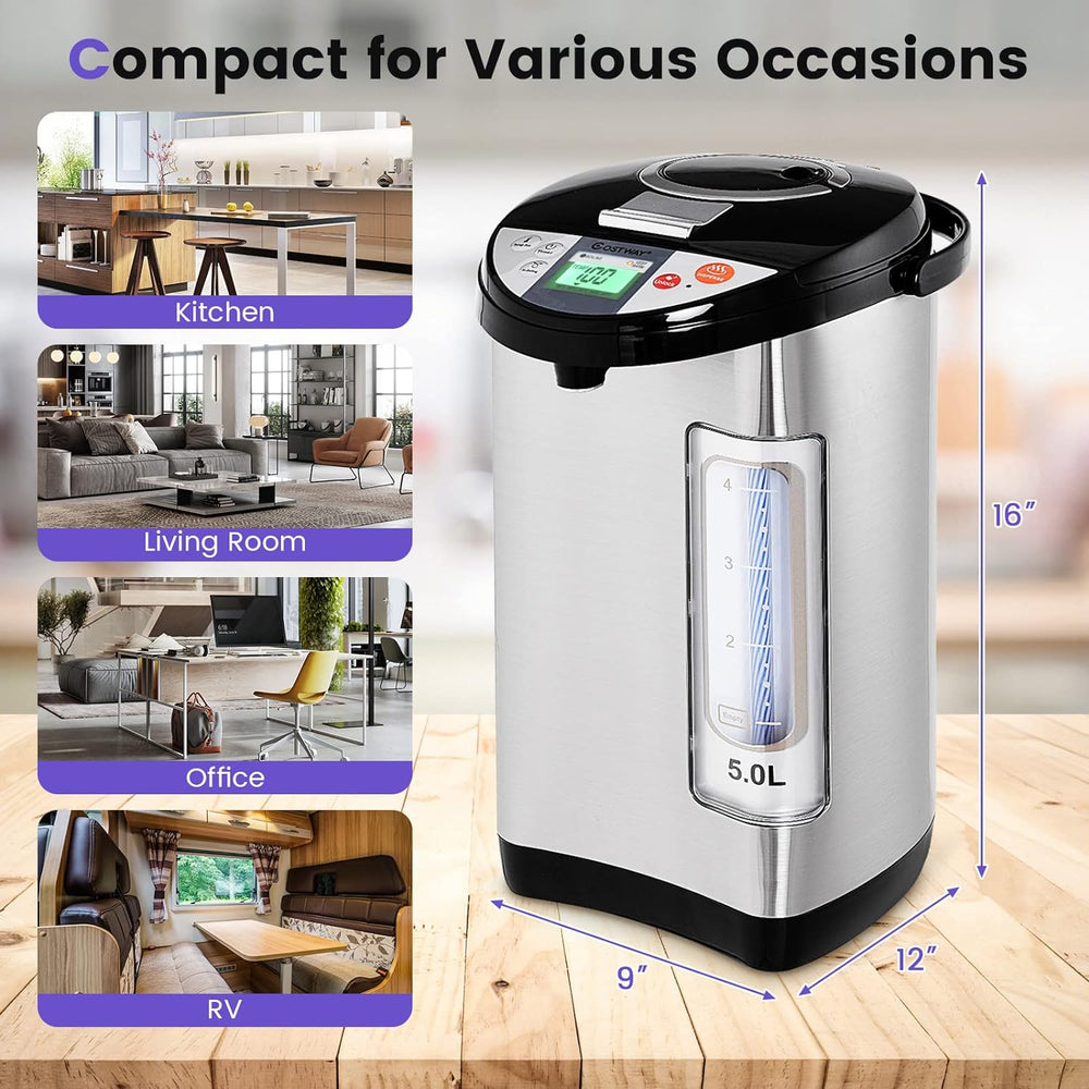 5-liter electric water boiler with LCD display, stainless steel design, ideal for kitchen, office, and RV use.