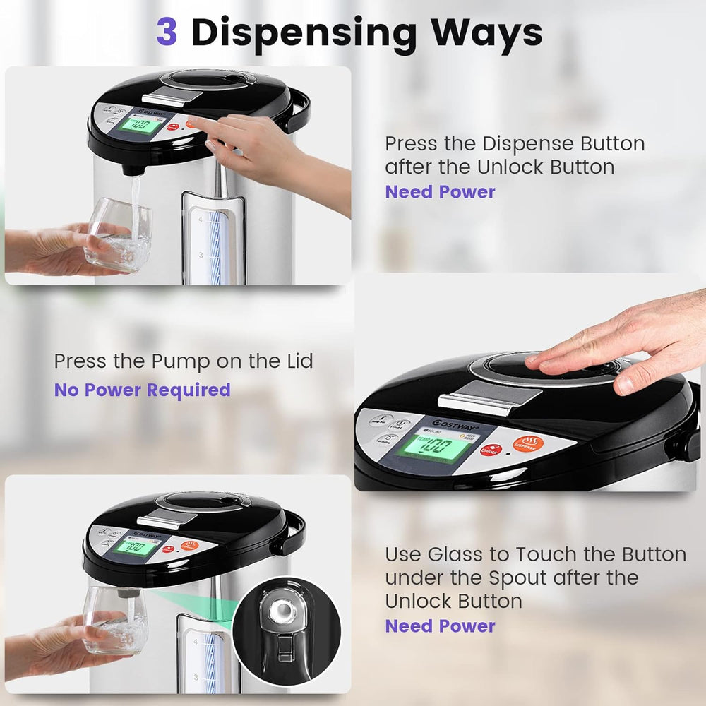 Electric LCD water boiler with three dispensing methods, food-grade stainless steel, and temperature display for.