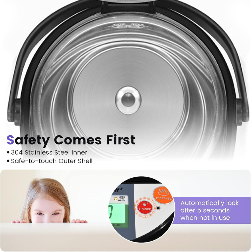 5-liter electric water boiler with LCD display, 304 stainless steel inner, and safe-to-touch outer shell for easy use.