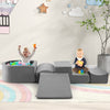 Gray 5-piece climb and crawl playset with ball pit, featuring a slide and various shapes for kids' imaginative play.