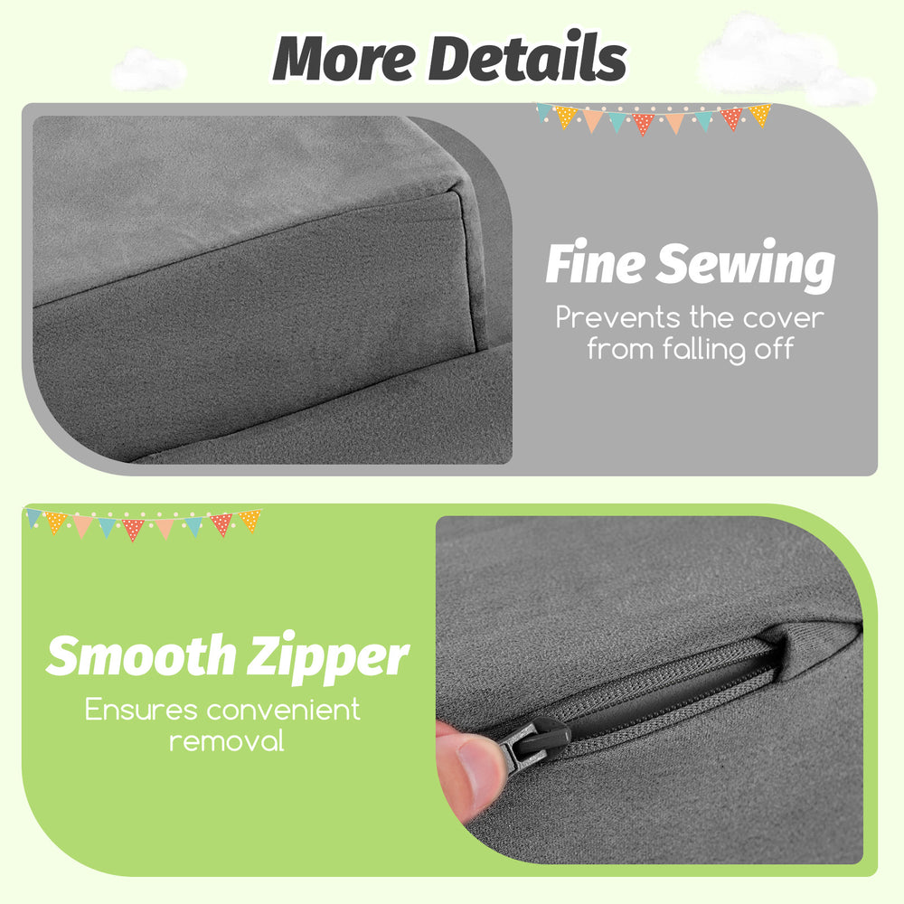 Detail of the smooth zipper and fine sewing on the gray 5-piece Climb and Crawl Playset for kids.