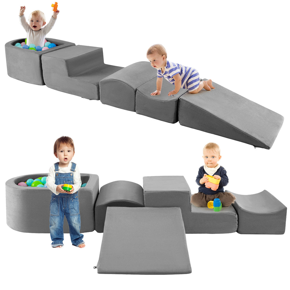 5-piece gray climb and crawl playset with slide, step, and ball pit, designed for kids' creativity and physical play.