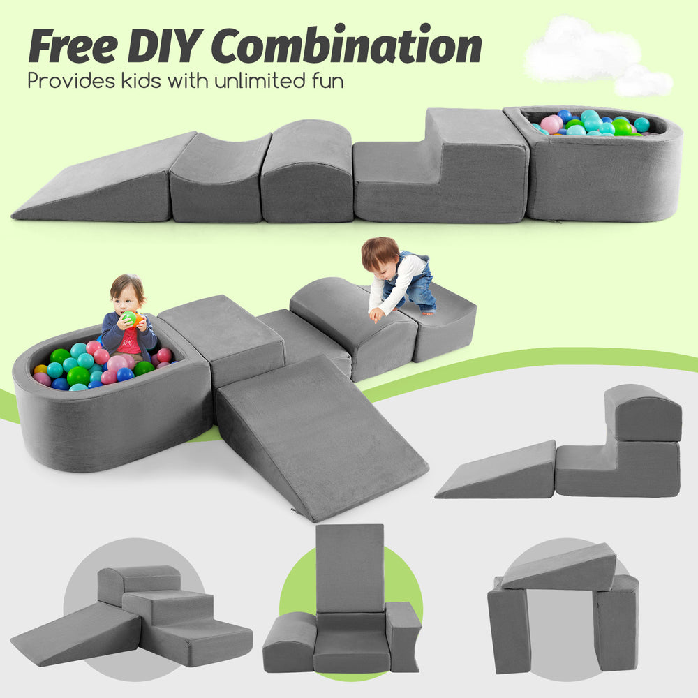 5-piece gray climb and crawl playset with slide, step, and ball pit for kids' imaginative play and physical activity.