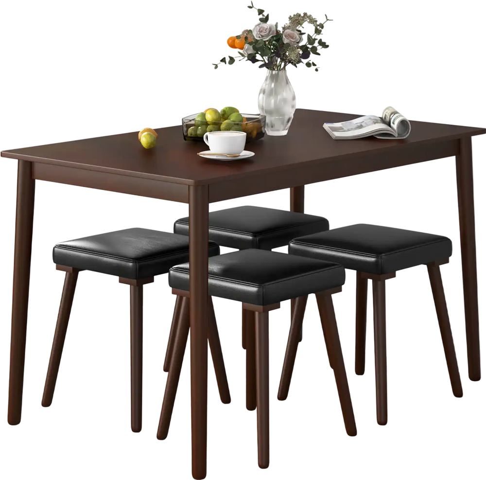 Dining table set featuring a brown 48" tabletop with four upholstered stools, ideal for kitchen or dining use.