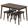5-piece dining table set featuring a brown tabletop and four upholstered stools with rubber wood legs for versatile use.
