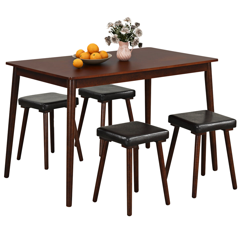 5-piece dining table set featuring a brown tabletop and upholstered stools with rubber wood legs, perfect for family.