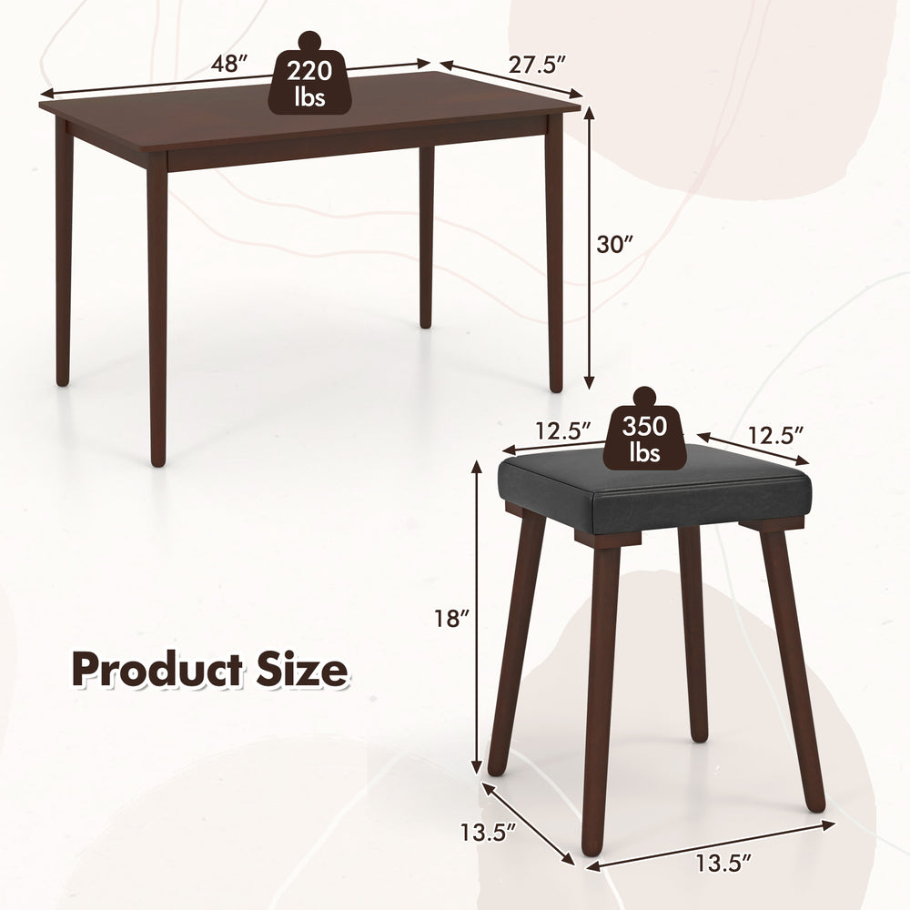 Dining table set with dimensions, featuring a brown rubber wood table and upholstered stools for versatile use.