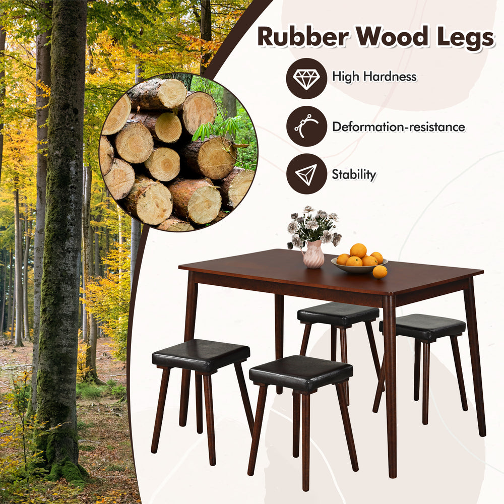 5-piece dining table set with brown rubber wood legs and upholstered stools, perfect for family dining and easy storage.