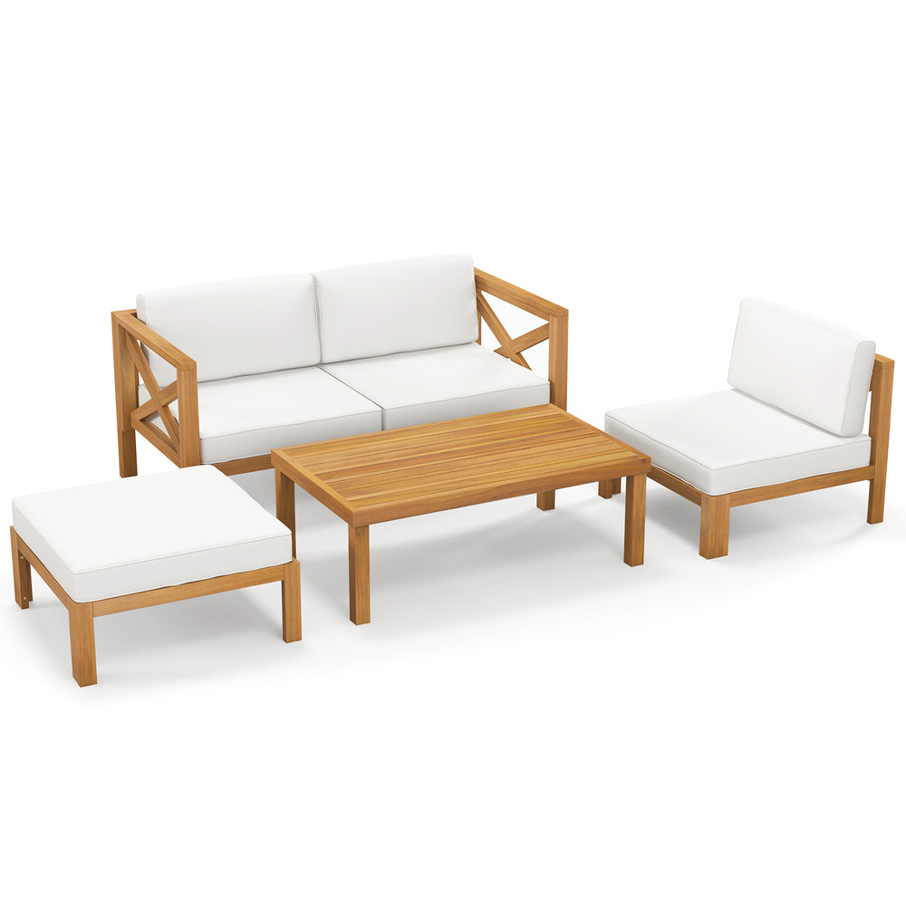 Single chair from the 5-piece outdoor conversation set with acacia wood frame and thick white cushion for added comfort.