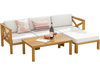 5-piece outdoor conversation set featuring acacia wood frame, thick cushions, and versatile ottoman for patio.