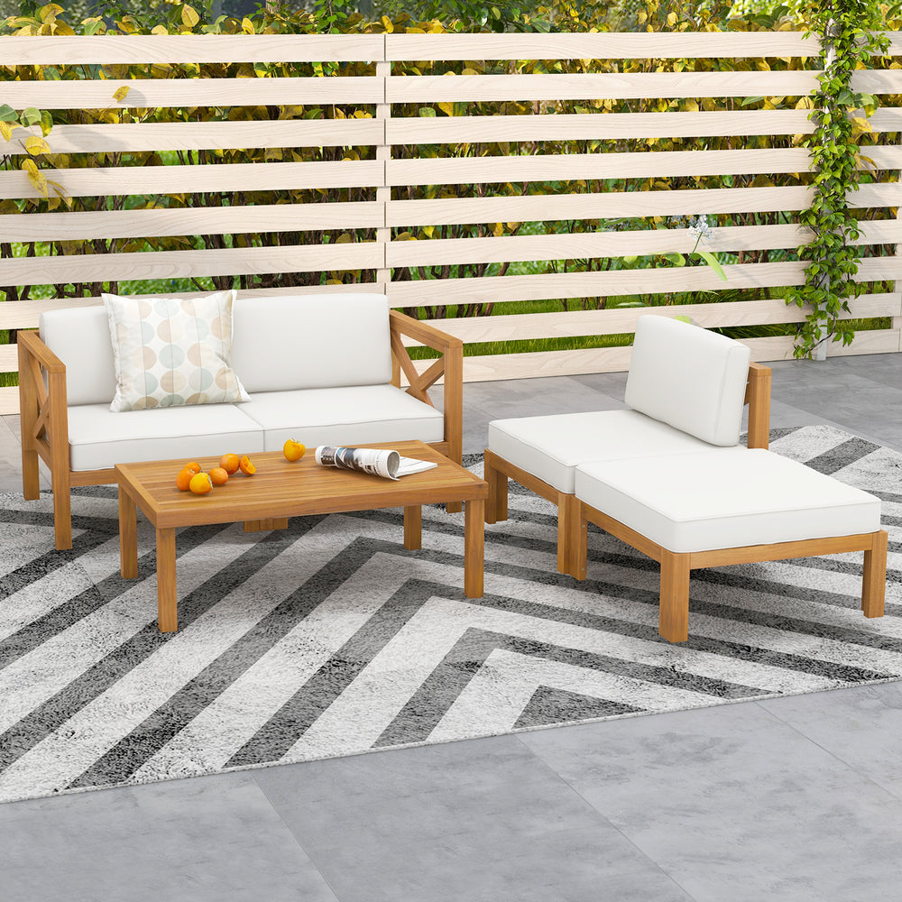 5-piece outdoor conversation set featuring acacia wood frame, thick white cushions, and flexible arrangement for patios.