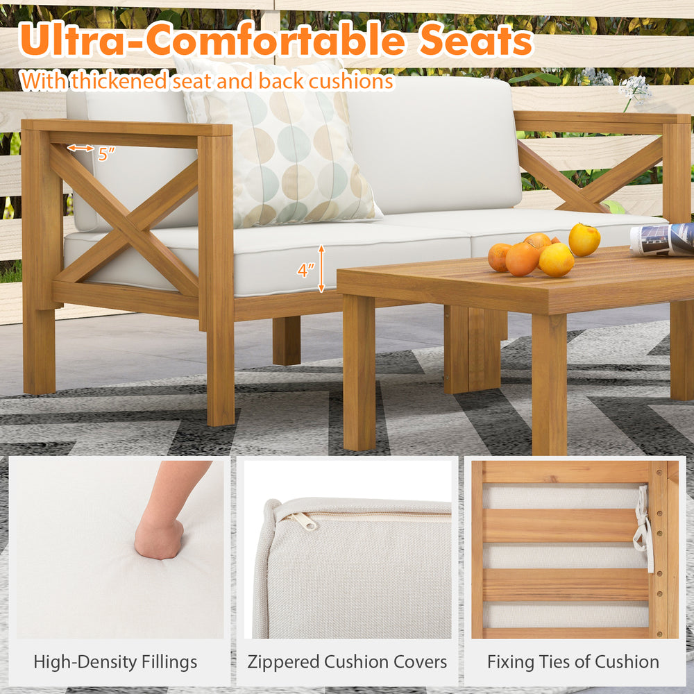 Close-up of thick cushions on a 5-piece outdoor conversation set with acacia wood frame for enhanced comfort.