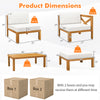 Dimensions of the 5 Piece Outdoor Conversation Furniture Set featuring acacia wood frame and thick cushions for comfort.