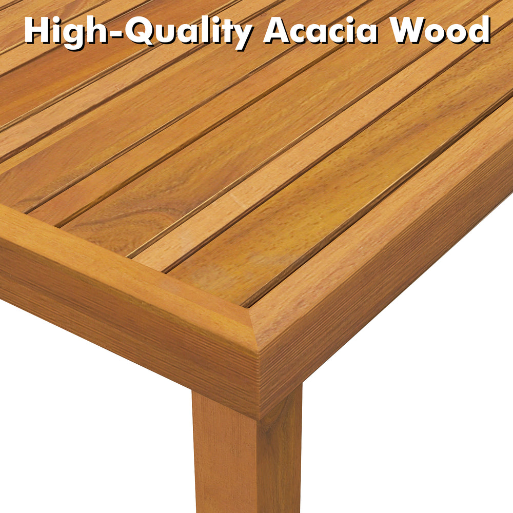 Close-up of acacia wood tabletop showcasing natural grain, part of a 5-piece outdoor conversation furniture set.