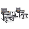 5-piece outdoor rattan conversation set with gray cushions, includes 2 armchairs, 2 ottomans, and a 2-layer side table.