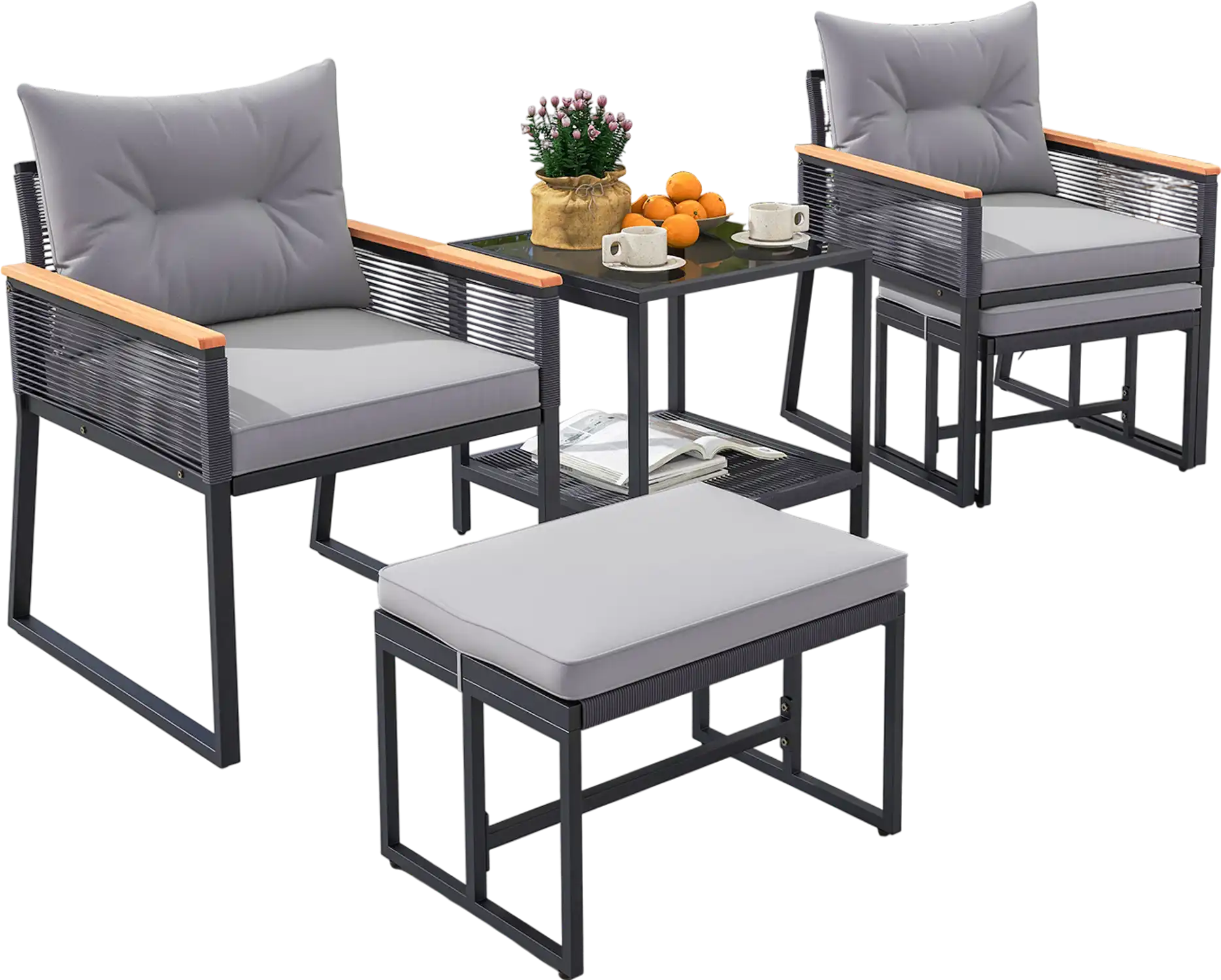 Costway 5-Piece Outdoor Rattan Conversation Set w/ 2-Layer Side Table & 2 Ottomans Gray 95432716 New