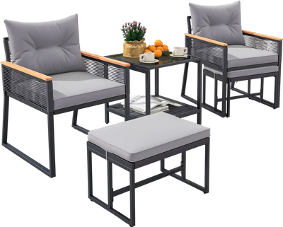 Costway 5-Piece Outdoor Rattan Conversation Set w/ 2-Layer Side Table & 2 Ottomans Gray 95432716 New
